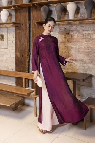 SWANLAKE | Áo Dài Tết Cách Tân Nữ Vải Gấm Cổ Trụ Tay Dài Rộng Dáng Suông Truyền Thống L13330LW01