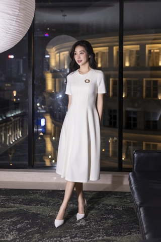 SWANLAKE | Váy Đầm Midi Nữ Phom A Vải Thun Dày Cổ Tròn Tay Ngắn Có Túi Công Sở Đi Tiệc D13379MW01