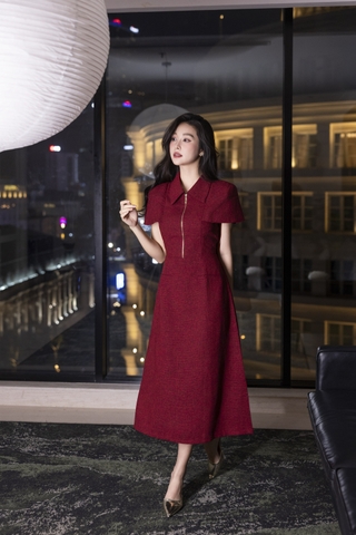 SWANLAKE | Váy Đầm Midi Nữ Chất Vải Dạ Cổ Sơ Mi Khóa Kéo Tay Ngắn Nhấn Eo Công Sở Đi Tiệc D13353MW01 Vải Nỉ