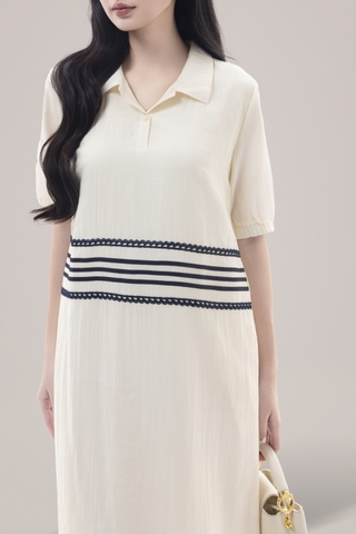 Váy Đầm Nữ Tay Ngắn Cổ Sơ Mi Vải Tơ Phối Ren Sọc Ngang Có Túi Công Dở Dạo Phố D13017LW01