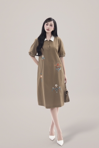 SWANLAKE | Váy Đầm Nữ Suông Vải Cotton Thêu Hoa Cổ Sơ Mi Tay Ngắn Phồng Công Sở Thanh Lịch D13077LW01