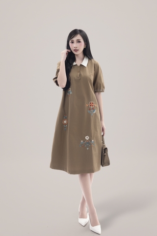 SWANLAKE | Váy Đầm Nữ Suông Vải Cotton Thêu Hoa Cổ Sơ Mi Tay Ngắn Phồng Công Sở Thanh Lịch D13077LW01