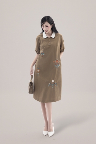 SWANLAKE | Váy Đầm Nữ Suông Vải Cotton Thêu Hoa Cổ Sơ Mi Tay Ngắn Phồng Công Sở Thanh Lịch D13077LW01