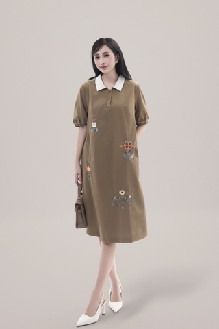 SWANLAKE | Váy Đầm Nữ Suông Vải Cotton Thêu Hoa Cổ Sơ Mi Tay Ngắn Phồng Công Sở Thanh Lịch D13077LW01