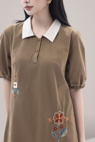 SWANLAKE | Váy Đầm Nữ Suông Vải Cotton Thêu Hoa Cổ Sơ Mi Tay Ngắn Phồng Công Sở Thanh Lịch D13077LW01