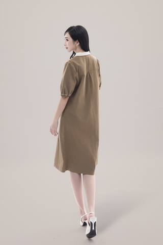 SWANLAKE | Váy Đầm Nữ Suông Vải Cotton Thêu Hoa Cổ Sơ Mi Tay Ngắn Phồng Công Sở Thanh Lịch D13077LW01