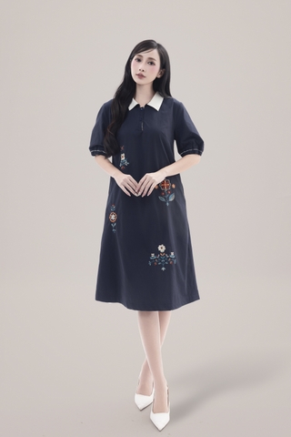 SWANLAKE | Váy Đầm Nữ Suông Vải Cotton Thêu Hoa Cổ Sơ Mi Tay Ngắn Phồng Công Sở Thanh Lịch D13077LW01