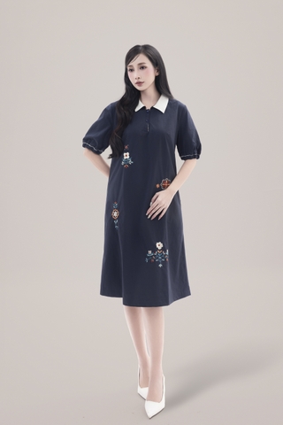 SWANLAKE | Váy Đầm Nữ Suông Vải Cotton Thêu Hoa Cổ Sơ Mi Tay Ngắn Phồng Công Sở Thanh Lịch D13077LW01