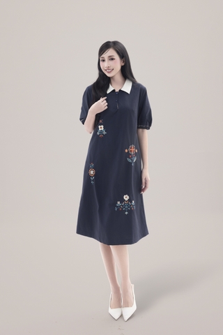 SWANLAKE | Váy Đầm Nữ Suông Vải Cotton Thêu Hoa Cổ Sơ Mi Tay Ngắn Phồng Công Sở Thanh Lịch D13077LW01