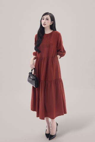 SWANLAKE | Váy Đầm Nữ Maxi Đuôi Cá Xếp Tầng Tay Lỡ Cổ Tròn Vải Xô Tăm Dự Tiệc Công Sở D13051LW01