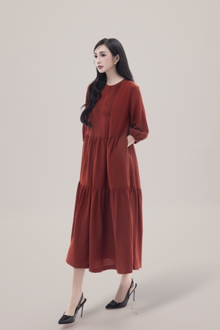 SWANLAKE | Váy Đầm Nữ Maxi Đuôi Cá Xếp Tầng Tay Lỡ Cổ Tròn Vải Xô Tăm Dự Tiệc Công Sở D13051LW01