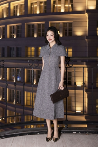 SWANLAKE | Váy Đầm Midi Nữ Chất Vải Dạ Cổ Sơ Mi Khóa Kéo Tay Ngắn Nhấn Eo Công Sở Đi Tiệc D13353MW01 Vải Nỉ