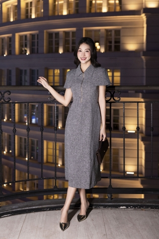 SWANLAKE | Váy Đầm Midi Nữ Chất Vải Dạ Cổ Sơ Mi Khóa Kéo Tay Ngắn Nhấn Eo Công Sở Đi Tiệc D13353MW01 Vải Nỉ