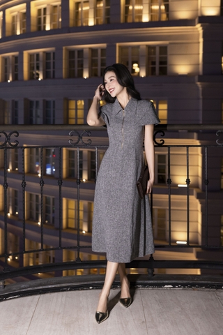 SWANLAKE | Váy Đầm Midi Nữ Chất Vải Dạ Cổ Sơ Mi Khóa Kéo Tay Ngắn Nhấn Eo Công Sở Đi Tiệc D13353MW01 Vải Nỉ