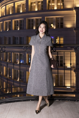 SWANLAKE | Váy Đầm Midi Nữ Chất Vải Dạ Cổ Sơ Mi Khóa Kéo Tay Ngắn Nhấn Eo Công Sở Đi Tiệc D13353MW01 Vải Nỉ