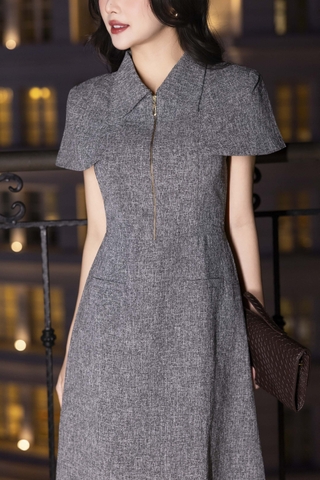 SWANLAKE | Váy Đầm Midi Nữ Chất Vải Dạ Cổ Sơ Mi Khóa Kéo Tay Ngắn Nhấn Eo Công Sở Đi Tiệc D13353MW01 Vải Nỉ