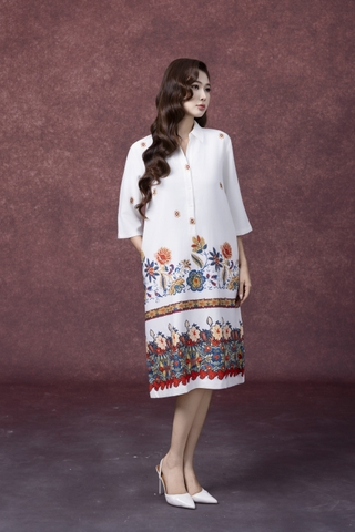 SWANLAKE | Váy Đầm Nữ Midi Tay Lỡ Cổ Sơ Mi Vải Lụa Dày In Hoa Có Túi Công Sở Dạo Phố D13263LW01