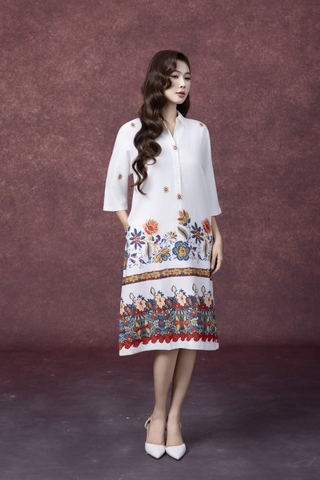 SWANLAKE | Váy Đầm Nữ Midi Tay Lỡ Cổ Sơ Mi Vải Lụa Dày In Hoa Có Túi Công Sở Dạo Phố D13263LW01