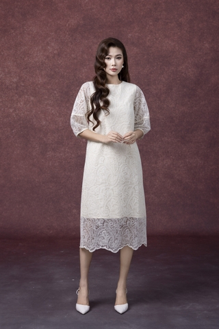 SWANLAKE | Váy Đầm Nữ Midi Suông Vải Phối Ren Thêu Hoa 2 Lớp Cổ Tròn Tay Bí Lỡ Dạo Phố D13351MW01