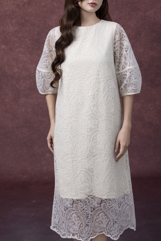 SWANLAKE | Váy Đầm Nữ Midi Suông Vải Phối Ren Thêu Hoa 2 Lớp Cổ Tròn Tay Bí Lỡ Dạo Phố D13351MW01