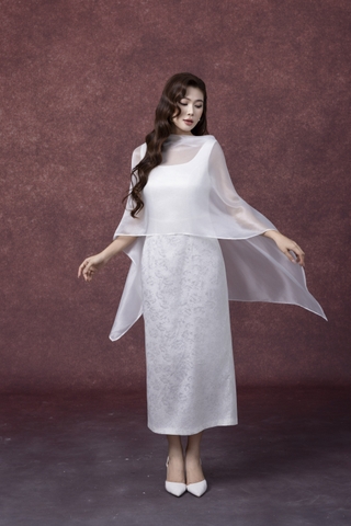 SWANLAKE | Váy Đầm Maxi Nữ Vải Lụa Gấm Phối Choàng Tơ Xẻ Tà Nhấn Eo Sát Nách Đi Tiệc D13329LW01