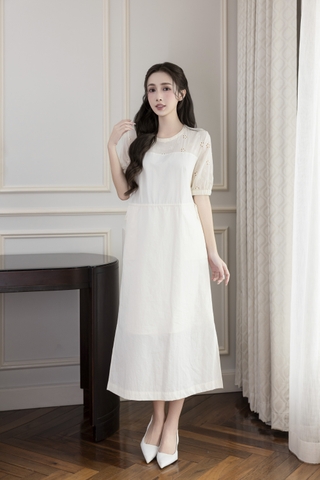 SWANLAKE | Váy Đầm Nữ Maxi Suông Vải Cotton Phối Ren Thêu Hoa Đục Lỗ 2 Lớp Có Túi Dạo Phố D13076LW01