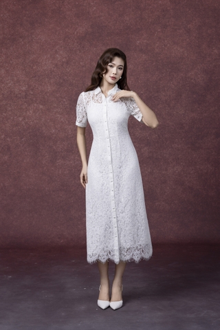 SWANLAKE | Váy Đầm Sơ Mi Nữ Vải Phối Ren Hoa 2 Lớp Chiết Eo Tay Ngắn Sang Trọng Đi Tiệc D13326LW01