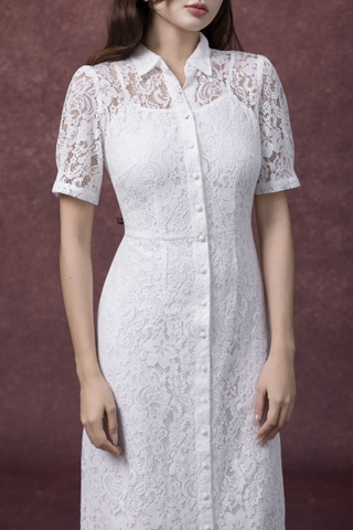 SWANLAKE | Váy Đầm Sơ Mi Nữ Vải Phối Ren Hoa 2 Lớp Chiết Eo Tay Ngắn Sang Trọng Đi Tiệc D13326LW01