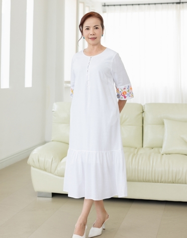 Đầm Trung Niên Phom Suông Linen Maxi Thêu Họa Tiết - D11490/1