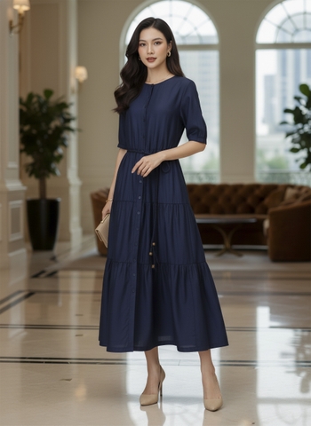 SWANLAKE | Váy Đầm Nữ Maxi Xếp Tầng Vải Tơ Cotton Trơn Cổ Tròn Cài Nút Dây Thắt Eo Công Sở D13042LW01