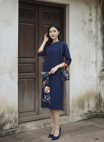 SWANLAKE | Váy Đầm Midi Nữ Phom Suông Cổ Tròn Tay Lỡ Thêu Hoa Chất Vải Linen Đi Tết Dự Tiệc D13232LW01