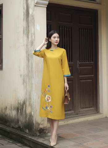 SWANLAKE | Váy Đầm Midi Nữ Phom Suông Cổ Tròn Tay Lỡ Thêu Hoa Chất Vải Linen Đi Tết Dự Tiệc D13232LW01