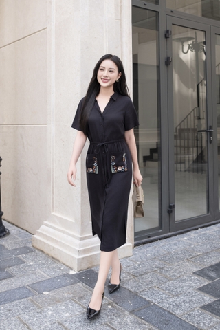 Đầm Thường Ngày Phom Suông Linen Qua Gối Thêu Họa Tiết - D12482/1