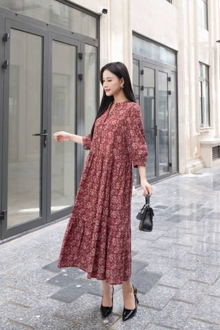 SWANLAKE | Váy Đầm Maxi Hoa Nhí Phom Dài Xòe 2 Tầng Vải Xô Bông/Linen Lụa Tay Lỡ Cổ Trụ - D10887