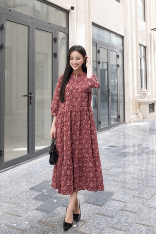 SWANLAKE | Váy Đầm Maxi Hoa Nhí Phom Dài Xòe 2 Tầng Vải Xô Bông/Linen Lụa Tay Lỡ Cổ Trụ - D10887