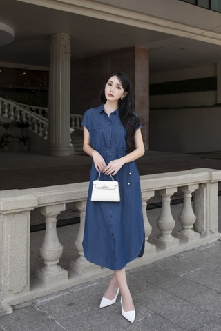 SWANLAKE | Váy Đầm Midi Nữ Sơ Mi Suông Trơn Denim Jean Wash Dây Thắt Eo Túi Hộp Ngực Công Sở D12906LW01