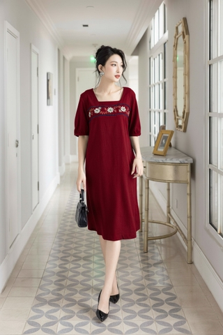 SWANLAKE | Váy Đầm Nữ Midi Suông Cổ Vuông Vải Linen Tay Ngắn Thêu Hoa Có Túi Công Sở D13079LW01