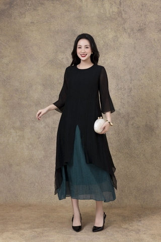 SWANLAKE | Váy Đầm Maxi Suông Nữ Xẻ Tà Tay Lỡ Cổ Tròn Vải Tơ Dập Ly Cao Cấp Đi Tiệc Công Sở D13235LW01