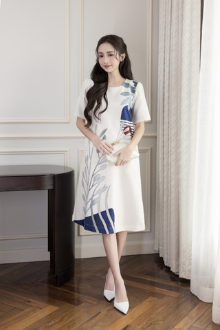 SWANLAKE | Váy Đầm Nữ Phom A Cổ Tròn Tay Ngắn Lụa Dày In Hoa Sang Trọng Đi Tiệc Công Sở D13067LW01