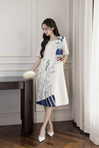 SWANLAKE | Váy Đầm Nữ Phom A Cổ Tròn Tay Ngắn Lụa Dày In Hoa Sang Trọng Đi Tiệc Công Sở D13067LW01