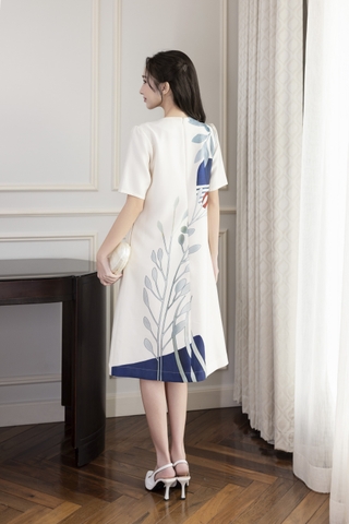 SWANLAKE | Váy Đầm Nữ Phom A Cổ Tròn Tay Ngắn Lụa Dày In Hoa Sang Trọng Đi Tiệc Công Sở D13067LW01