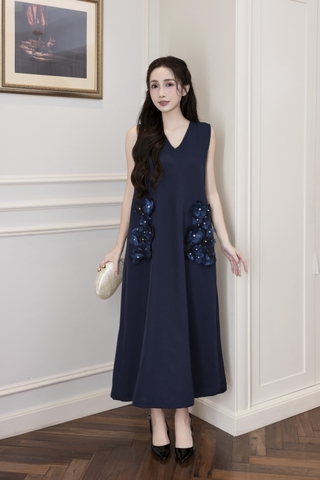 Váy Đầm Nữ Maxi Suông Sát Nách Cổ Tim Lụa Dày Đính Hoa 3D Sang Trọng Đi Tiệc - D12880LW01