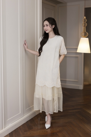 Váy Đầm Nữ Suông Maxi Xòe Tay Ngắn Cotton Thêu Hoa Tiệc Công Sở Thanh Lịch D13052LW01