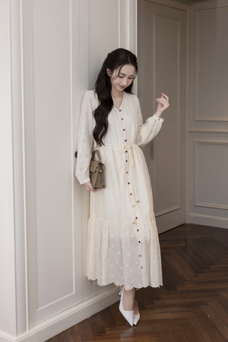 SWANLAKE | Váy Đầm Nữ Maxi Suông Đuôi Cá Xòe Cài Nút Cotton Tay Dài Dây Thắt Eo Tiệc Công Sở D13100LW01