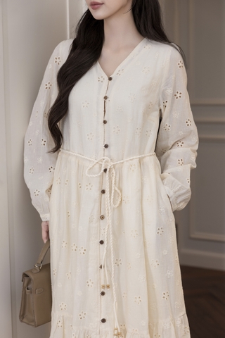 SWANLAKE | Váy Đầm Nữ Maxi Suông Đuôi Cá Xòe Cài Nút Cotton Tay Dài Dây Thắt Eo Tiệc Công Sở D13100LW01