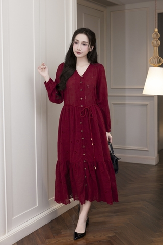 SWANLAKE | Váy Đầm Nữ Maxi Suông Đuôi Cá Xòe Cài Nút Cotton Tay Dài Dây Thắt Eo Tiệc Công Sở D13100LW01