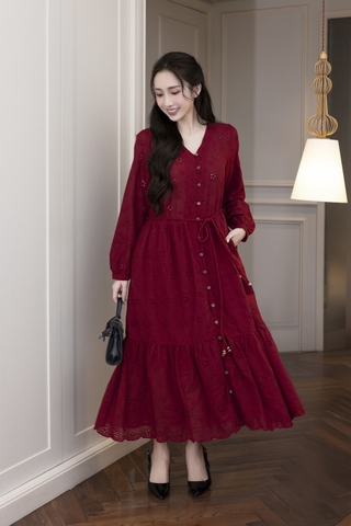 SWANLAKE | Váy Đầm Nữ Maxi Suông Đuôi Cá Xòe Cài Nút Cotton Tay Dài Dây Thắt Eo Tiệc Công Sở D13100LW01