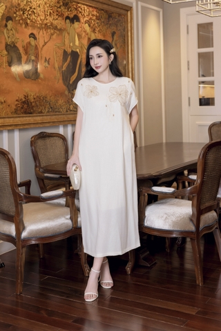 SWANLAKE | Váy Đầm Nữ Maxi Suông Linen Thêu Hoa Tay Hến Có Túi Xẻ Tà Khóa Kéo Tiệc Công Sở D12985LW01