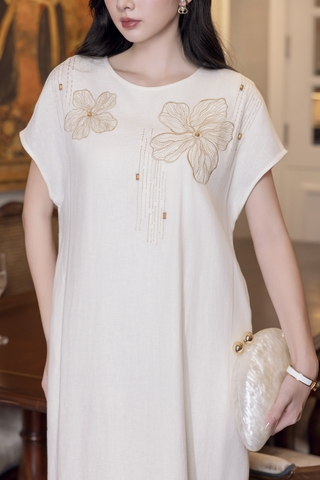 SWANLAKE | Váy Đầm Nữ Maxi Suông Linen Thêu Hoa Tay Hến Có Túi Xẻ Tà Khóa Kéo Tiệc Công Sở D12985LW01