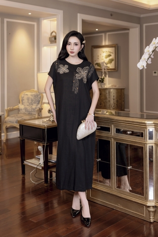 SWANLAKE | Váy Đầm Nữ Maxi Suông Linen Thêu Hoa Tay Hến Có Túi Xẻ Tà Khóa Kéo Tiệc Công Sở D12985LW01